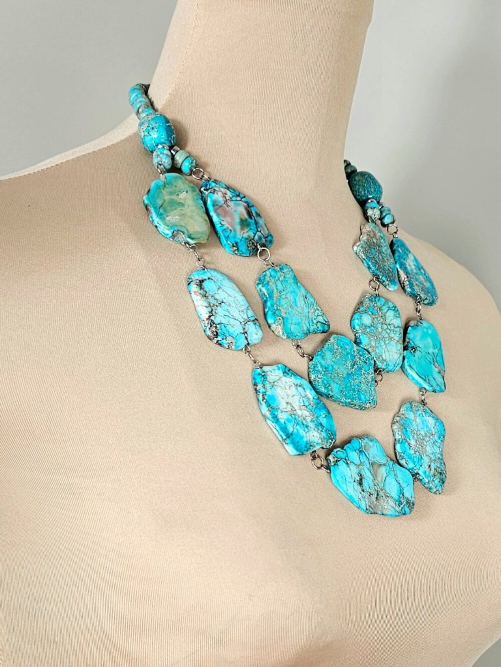 Blue Jasper Double Strand Statement Necklace Slab Bib Silver Tone OS - Picture 2 of 6